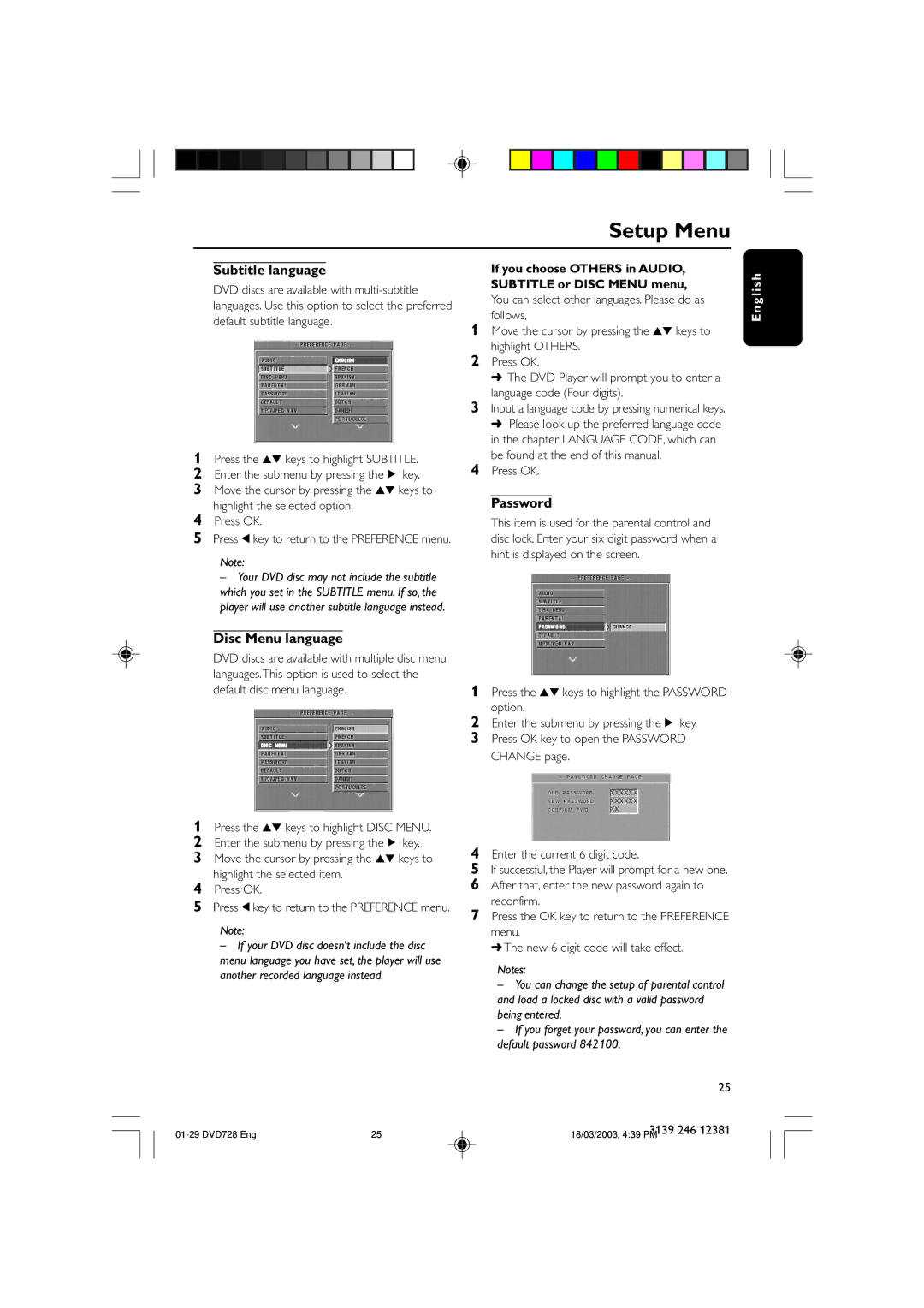 Philips DVD728/001 owner manual Subtitle language, Disc Menu language, Password 