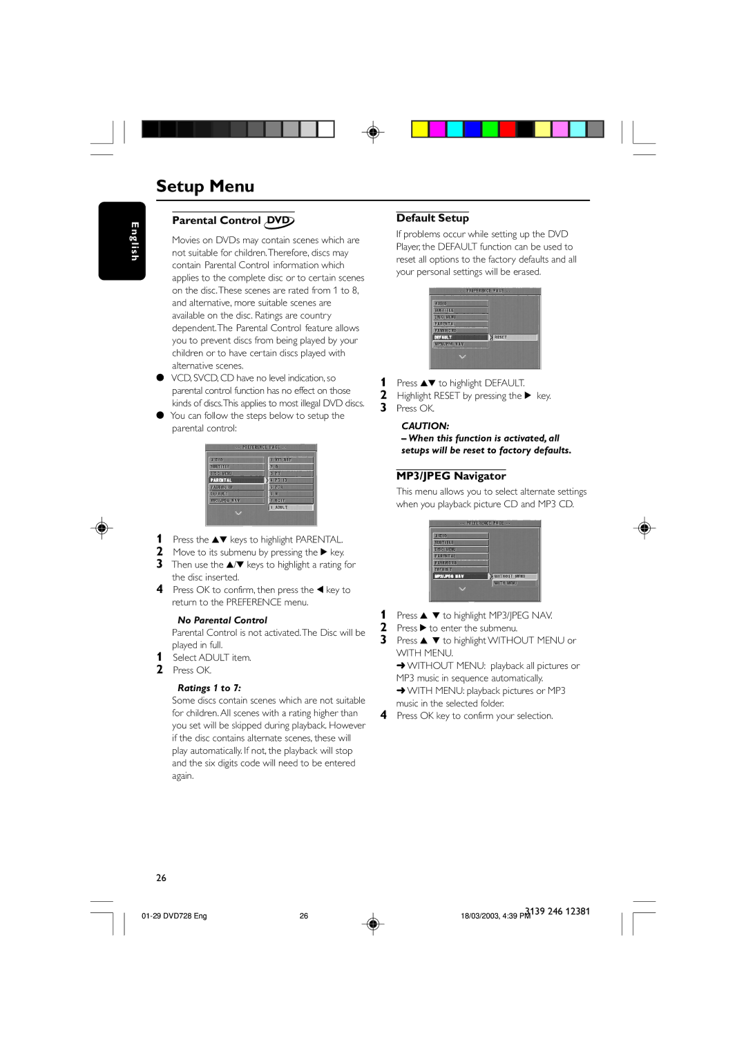 Philips DVD728/001 owner manual Parental Control DVD, Default Setup, MP3/JPEG Navigator, With Menu 