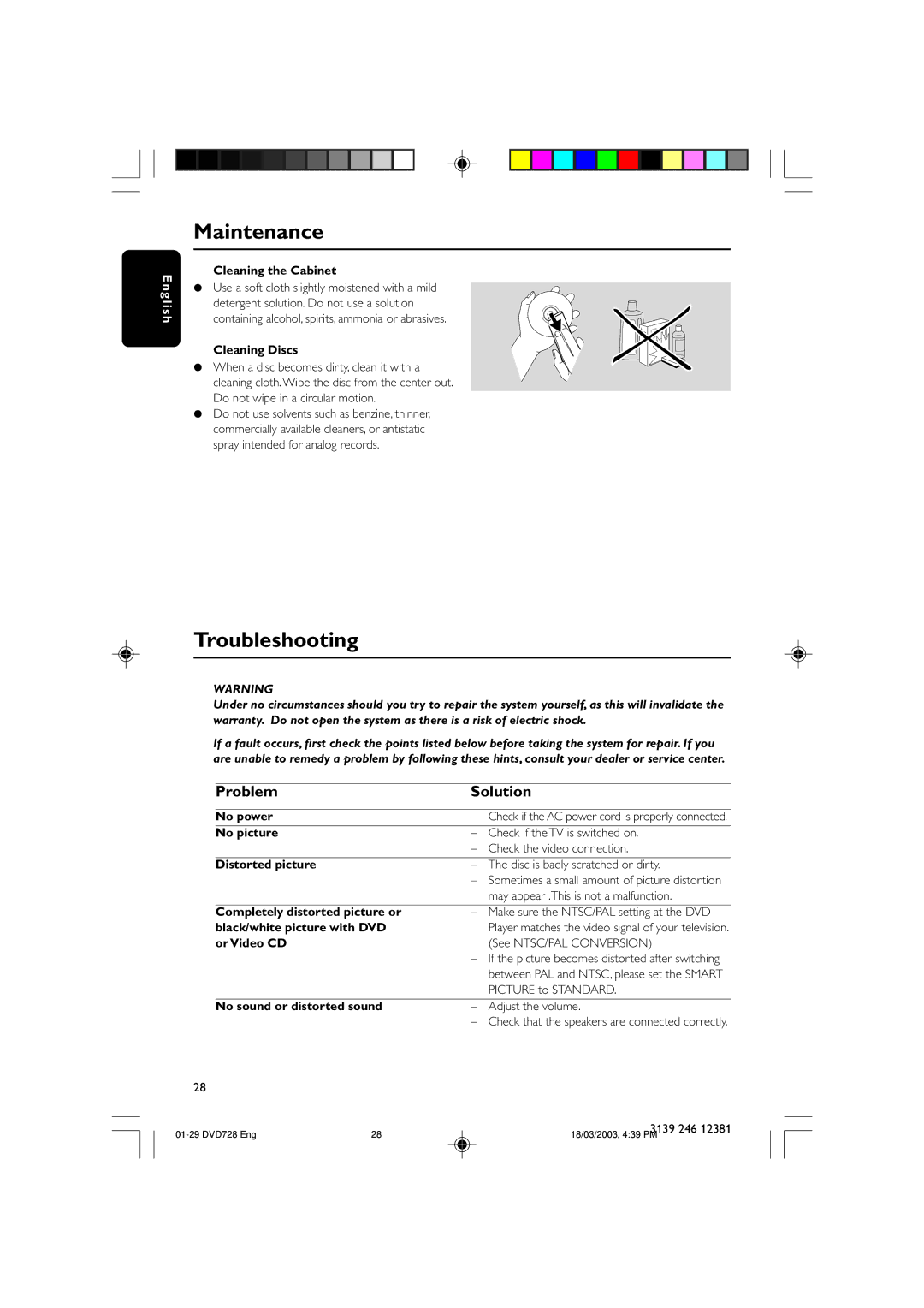 Philips DVD728/001 owner manual Maintenance, Troubleshooting, Problem Solution 