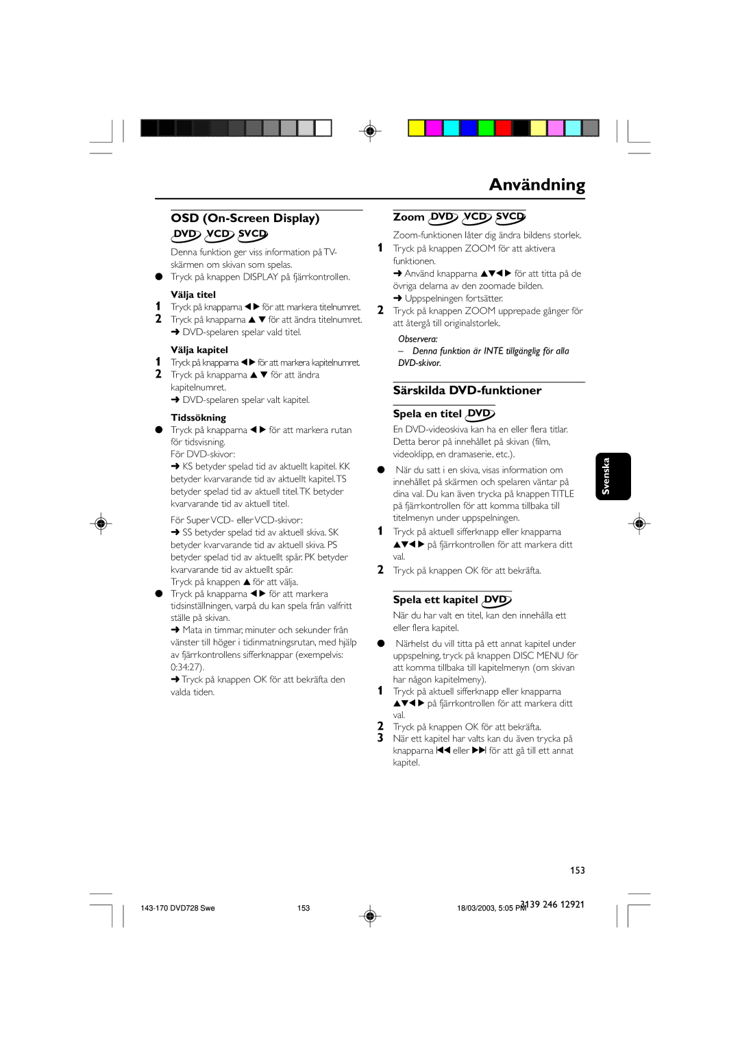 Philips DVD729/001 owner manual OSD On-Screen Display, Särskilda DVD-funktioner, Spela en titel DVD, Spela ett kapitel DVD 