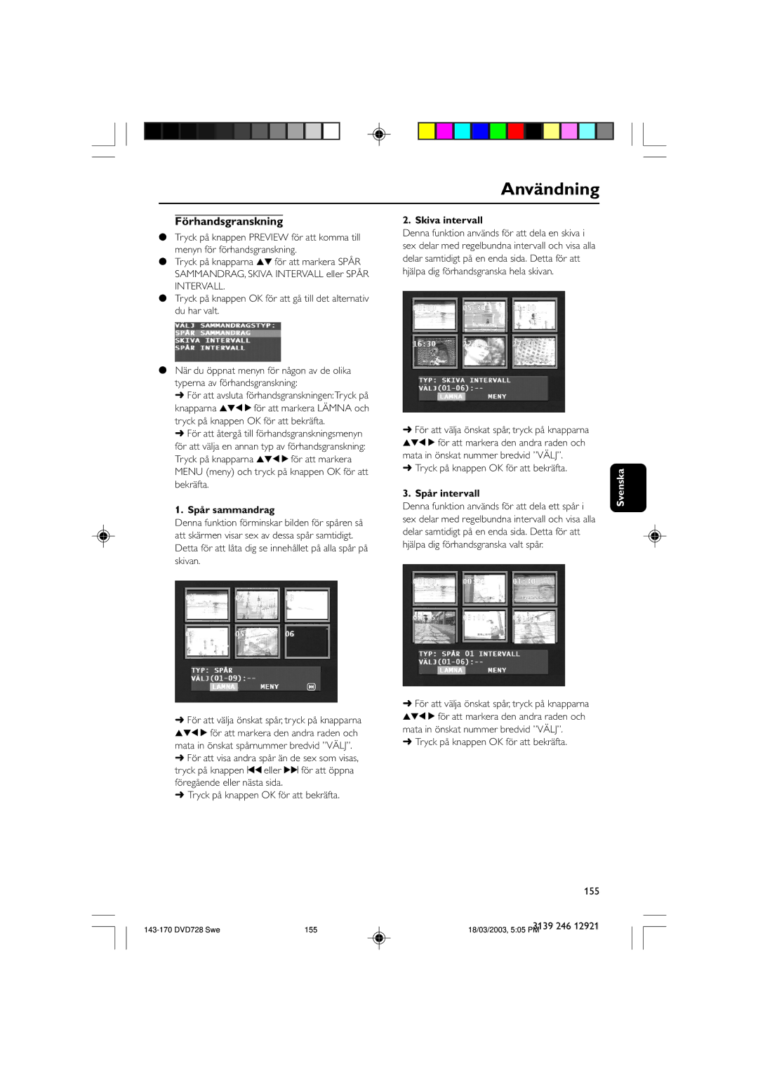 Philips DVD729/001 owner manual Spår sammandrag, Spår intervall 