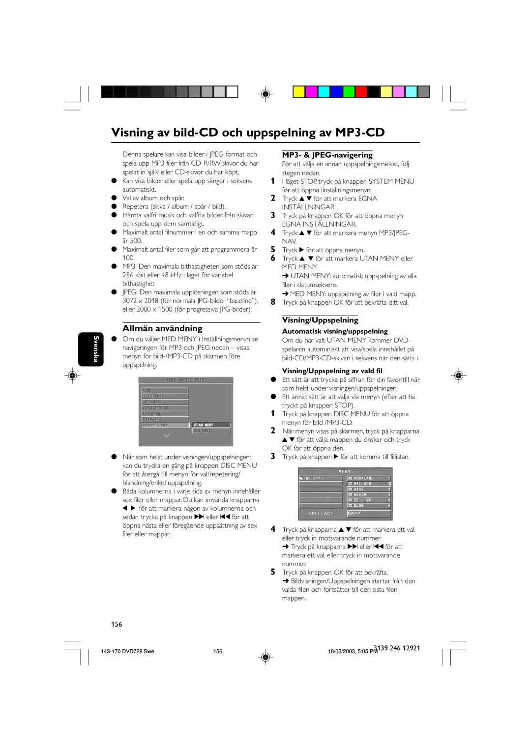 Philips DVD729/001 owner manual Visning av bild-CD och uppspelning av MP3-CD, MP3- & JPEG-navigering, Visning/Uppspelning 