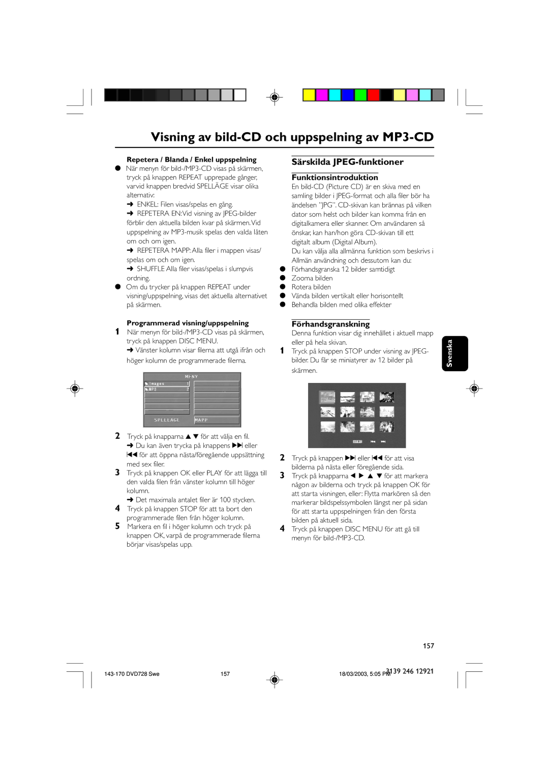 Philips DVD729/001 Särskilda JPEG-funktioner, Funktionsintroduktion, Förhandsgranskning, Programmerad visning/uppspelning 