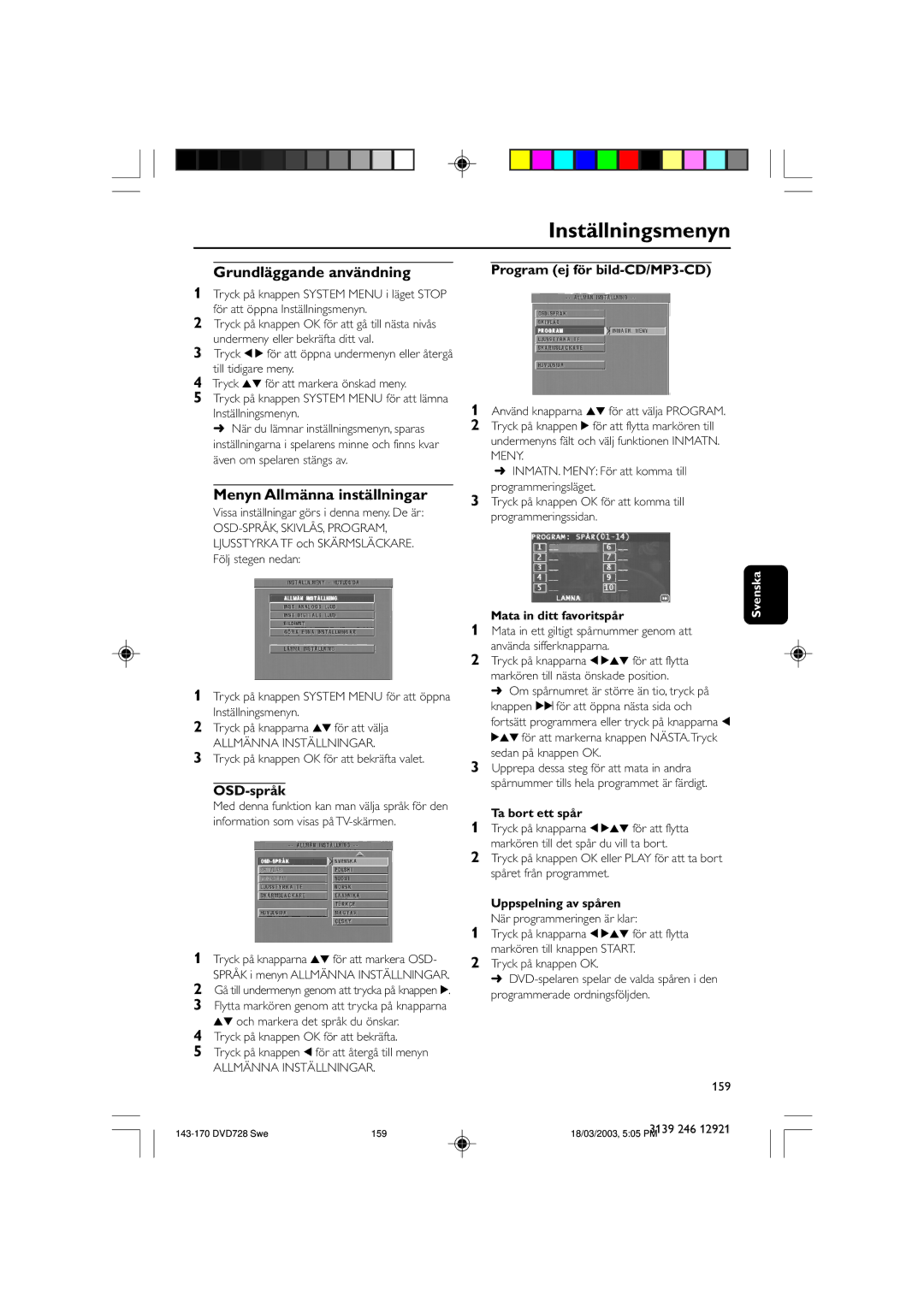 Philips DVD729/001 owner manual Inställningsmenyn, Grundläggande användning, Menyn Allmänna inställningar, OSD-språk 