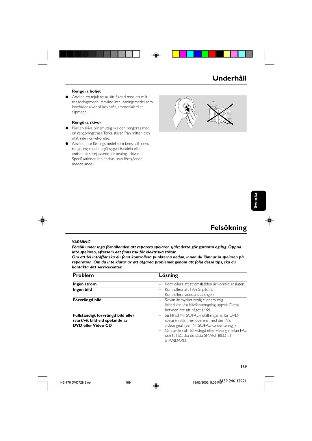 Philips DVD729/001 owner manual Underhåll, Felsökning, Problem Lösning 