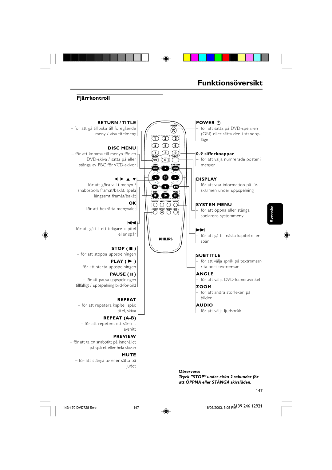 Philips DVD729/001 owner manual Fjärrkontroll 