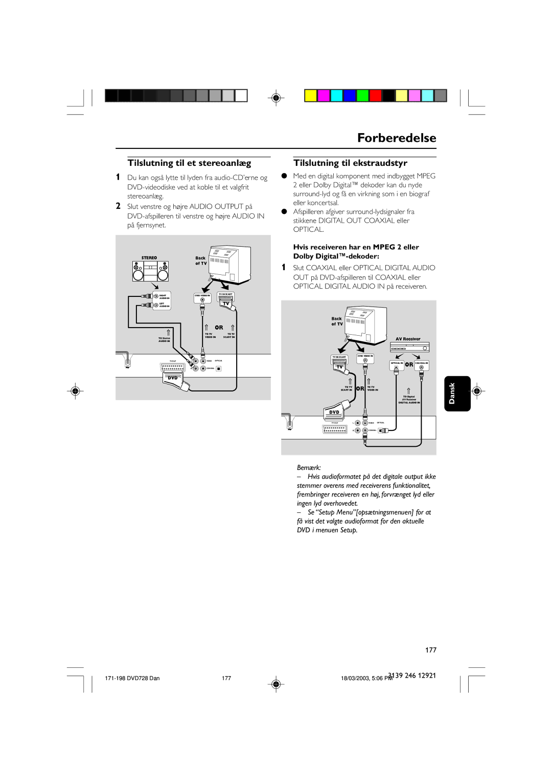 Philips DVD729/021 owner manual Tilslutning til et stereoanlæg, Tilslutning til ekstraudstyr, Optical 