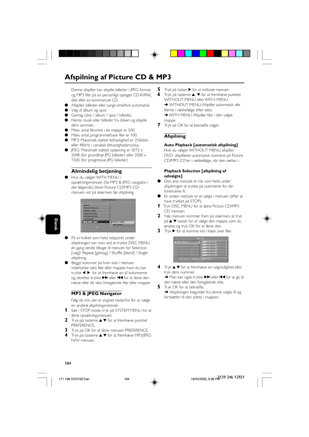 Philips DVD729/021 owner manual Afspilning af Picture CD & MP3, MP3 & Jpeg Navigator, Preference 