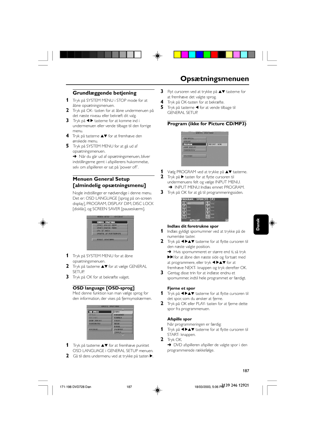 Philips DVD729/021 owner manual Opsætningsmenuen, Grundlæggende betjening, Menuen General Setup almindelig opsætningsmenu 