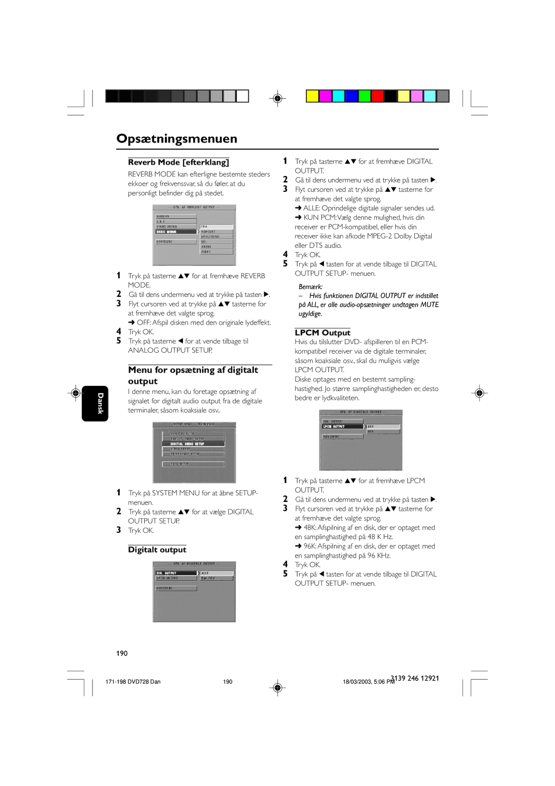 Philips DVD729/021 owner manual Menu for opsætning af digitalt output, Reverb Mode efterklang, Digitalt output, Lpcm Output 