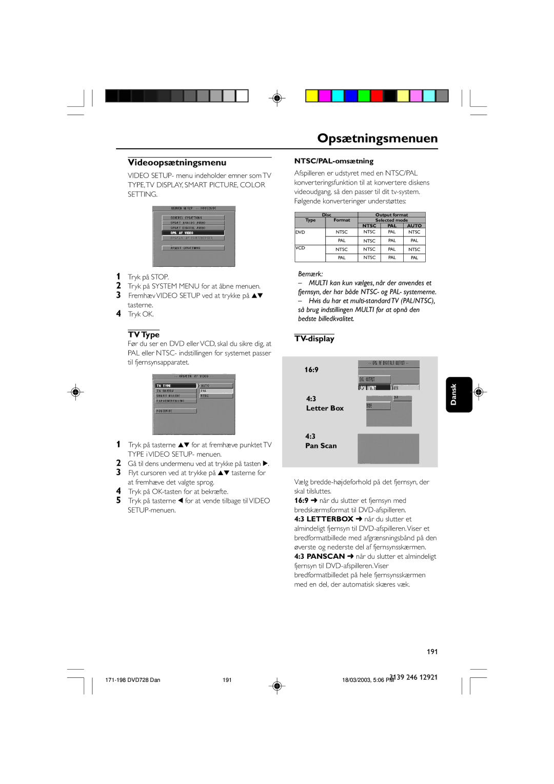 Philips DVD729/021 owner manual Videoopsætningsmenu, TV Type, TV-display, NTSC/PAL-omsætning, Letter Box Pan Scan 