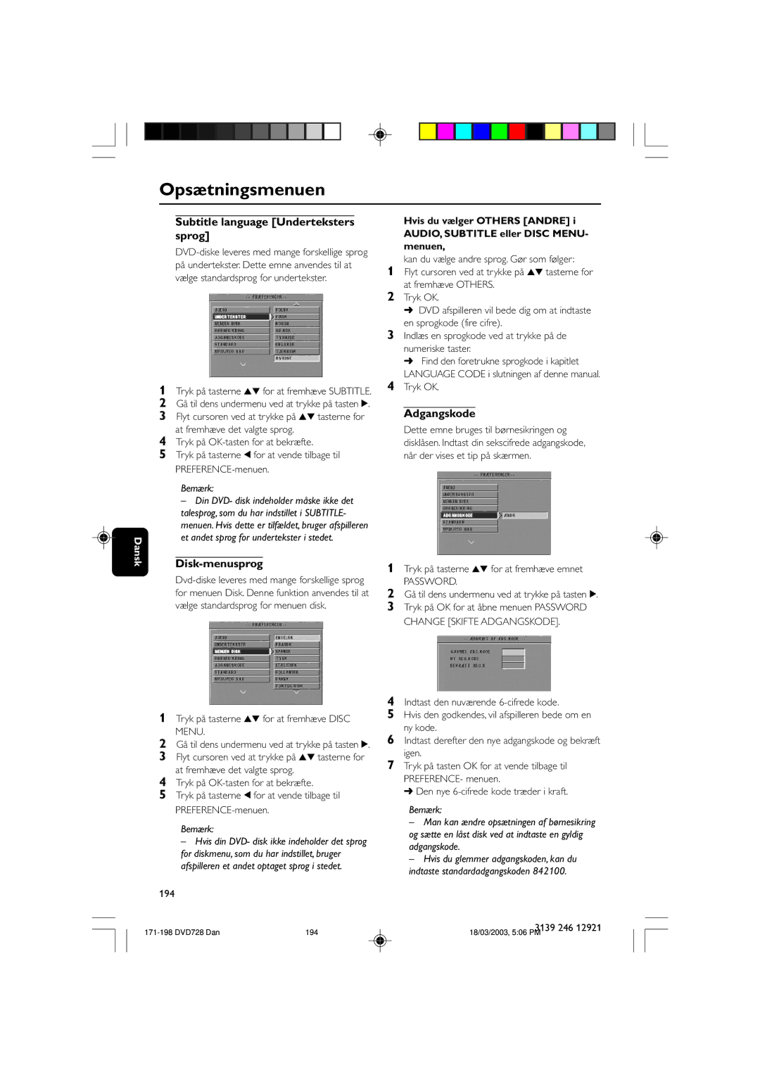 Philips DVD729/021 owner manual Subtitle language Underteksters sprog, Disk-menusprog, Adgangskode, Password 