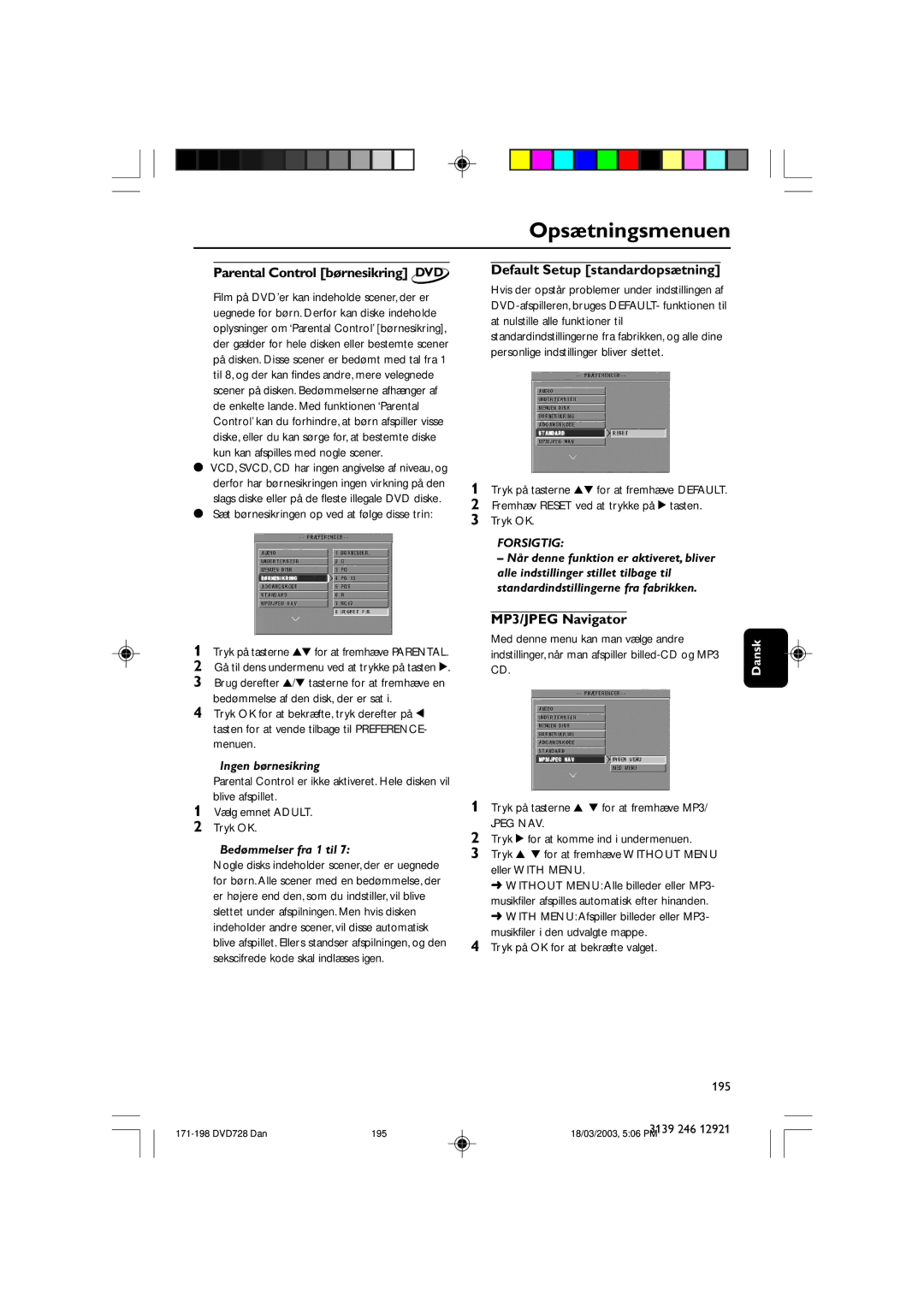 Philips DVD729/021 owner manual Parental Control børnesikring DVD, Default Setup standardopsætning, MP3/JPEG Navigator 