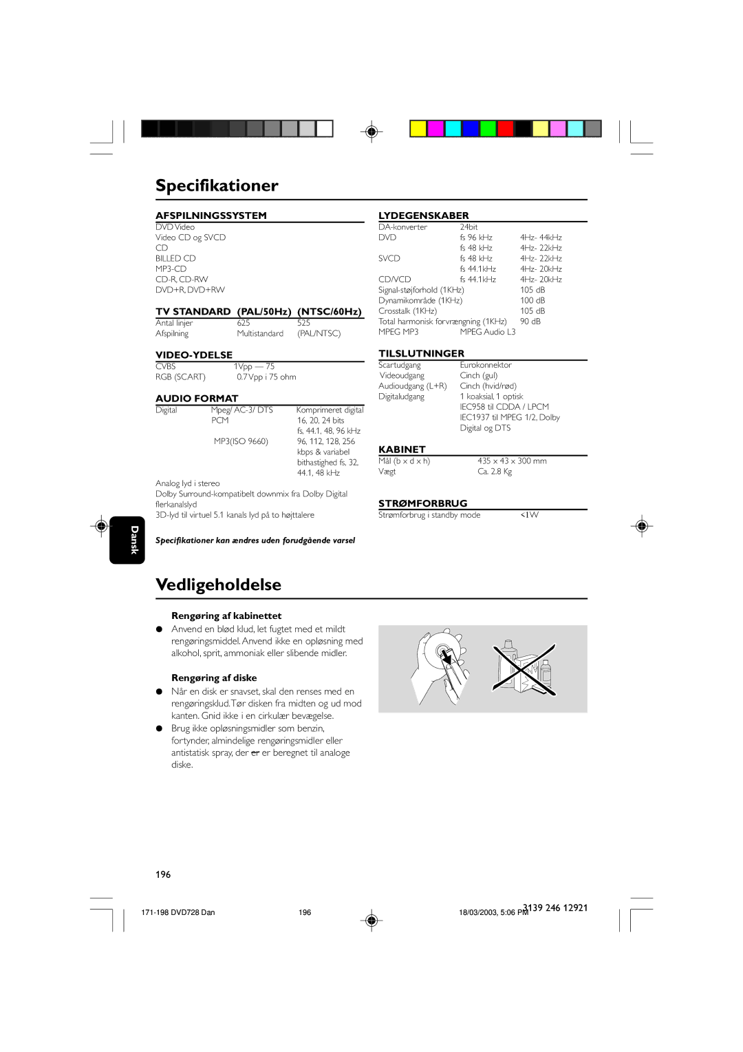 Philips DVD729/021 owner manual Specifikationer, Vedligeholdelse 