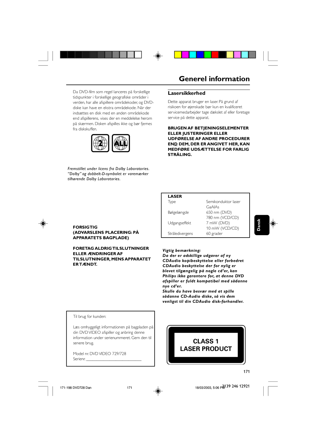 Philips DVD729/021 owner manual Generel information, Lasersikkerhed, 171 