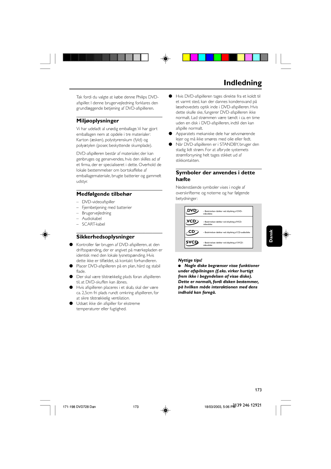 Philips DVD729/021 owner manual Indledning, Miljøoplysninger, Medfølgende tilbehør, Sikkerhedsoplysninger 