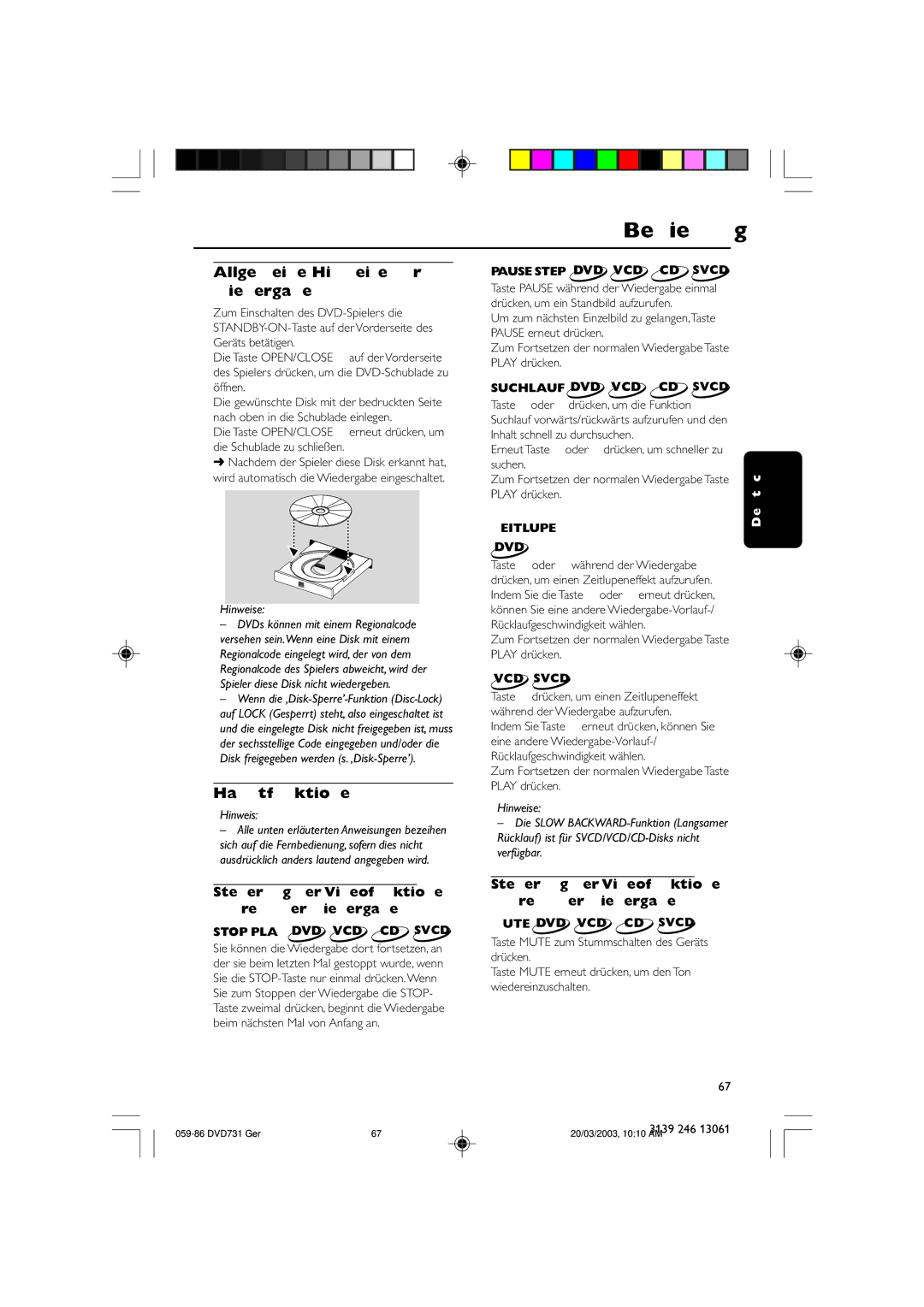 Philips DVD731/001 owner manual Bedienung, Allgemeine Hinweise zur Wiedergabe, Hauptfunktionen 