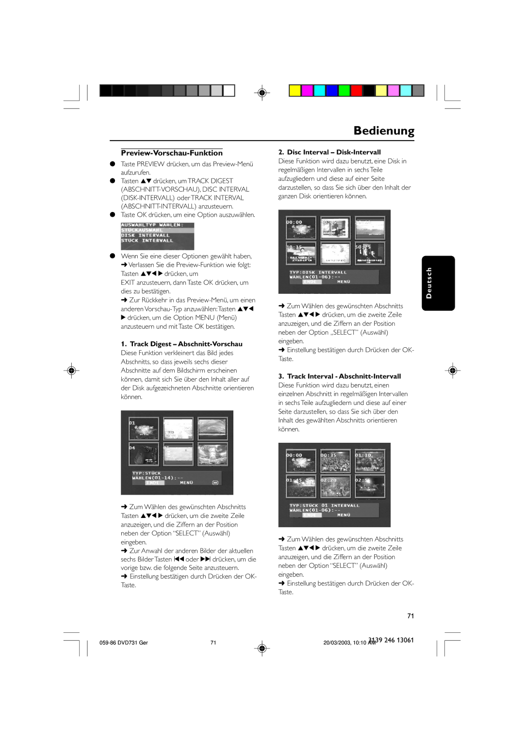 Philips DVD731/001 owner manual Preview-Vorschau-Funktion, Taste Preview drücken, um das Preview-Menü aufzurufen 