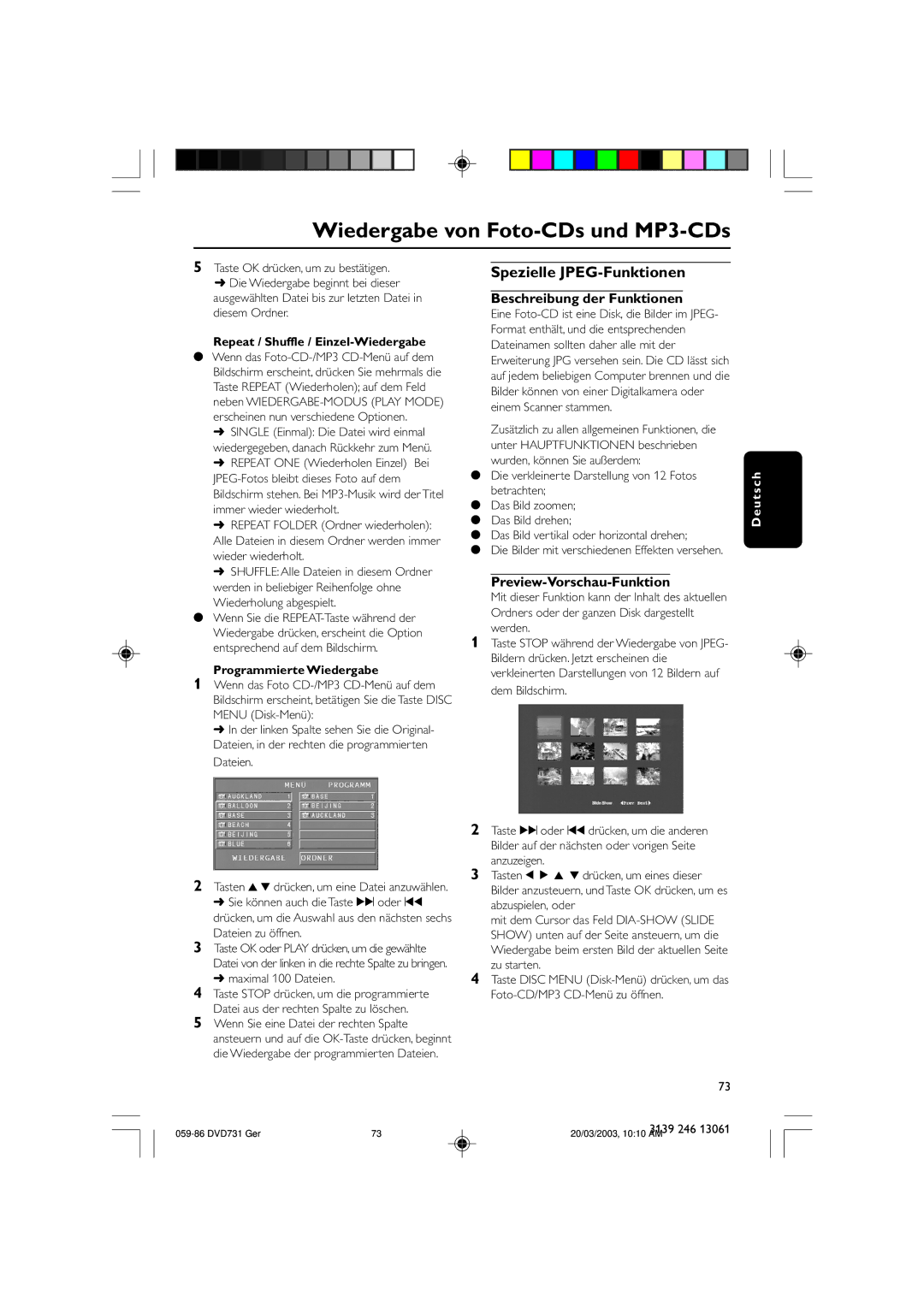 Philips DVD731/001 owner manual Spezielle JPEG-Funktionen, Beschreibung der Funktionen, Preview-Vorschau-Funktion 