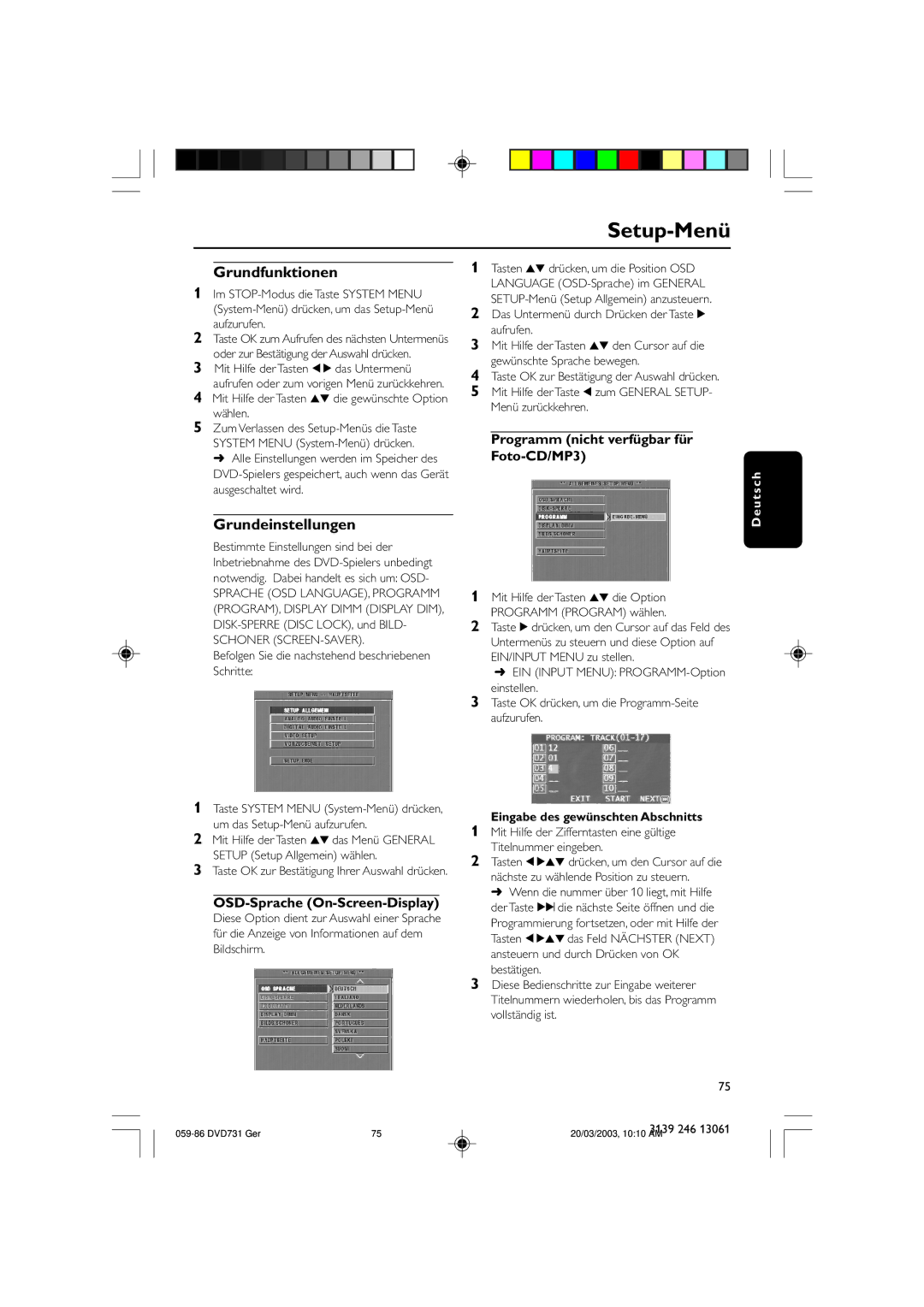 Philips DVD731/001 owner manual Setup-Menü, Grundfunktionen, Grundeinstellungen, OSD-Sprache On-Screen-Display 