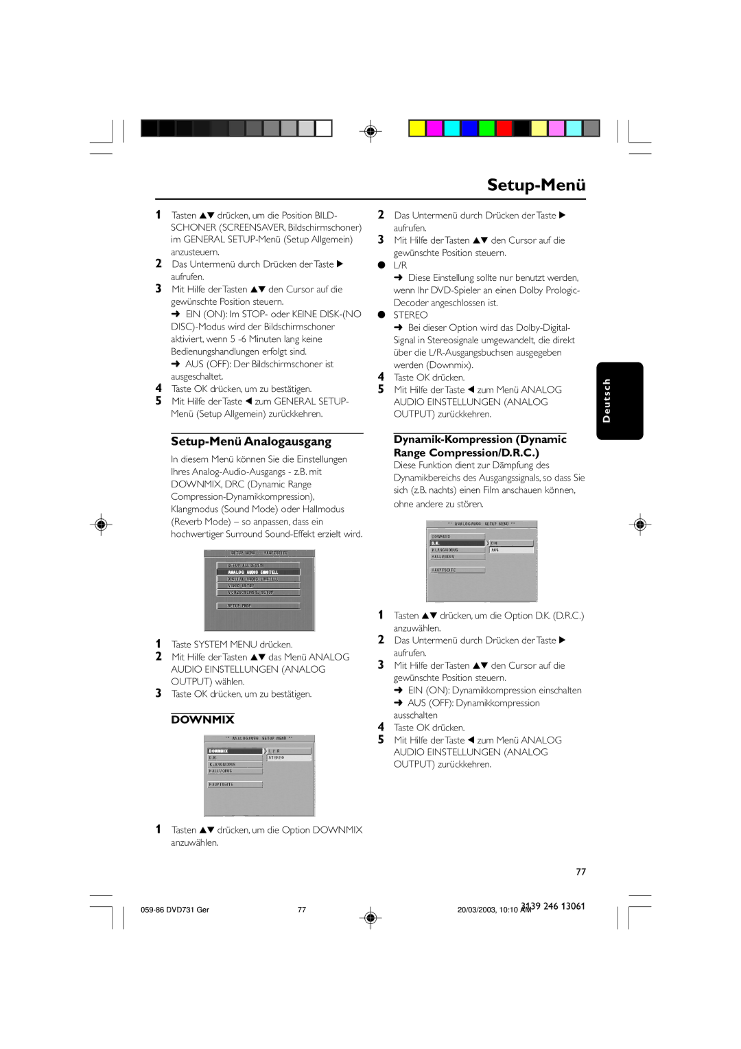 Philips DVD731/001 owner manual Setup-Menü Analogausgang, Dynamik-Kompression Dynamic Range Compression/D.R.C 