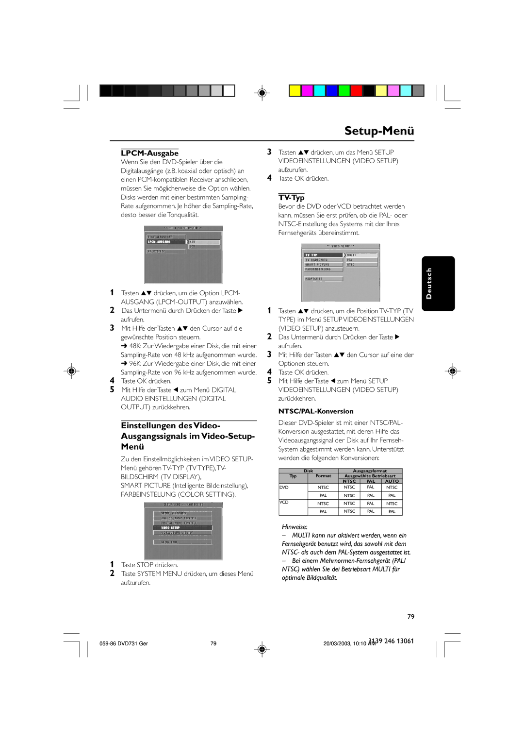 Philips DVD731/001 owner manual LPCM-Ausgabe, TV-Typ, Smart Picture Intelligente Bildeinstellung, NTSC/PAL-Konversion 