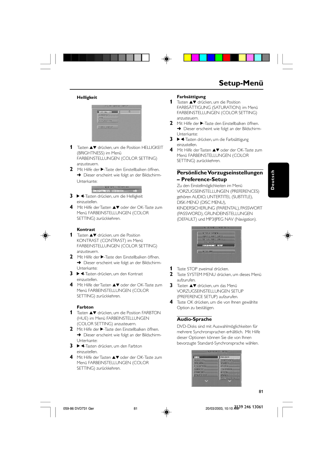 Philips DVD731/001 owner manual Persönliche Vorzugseinstellungen Preference-Setup, Audio-Sprache 