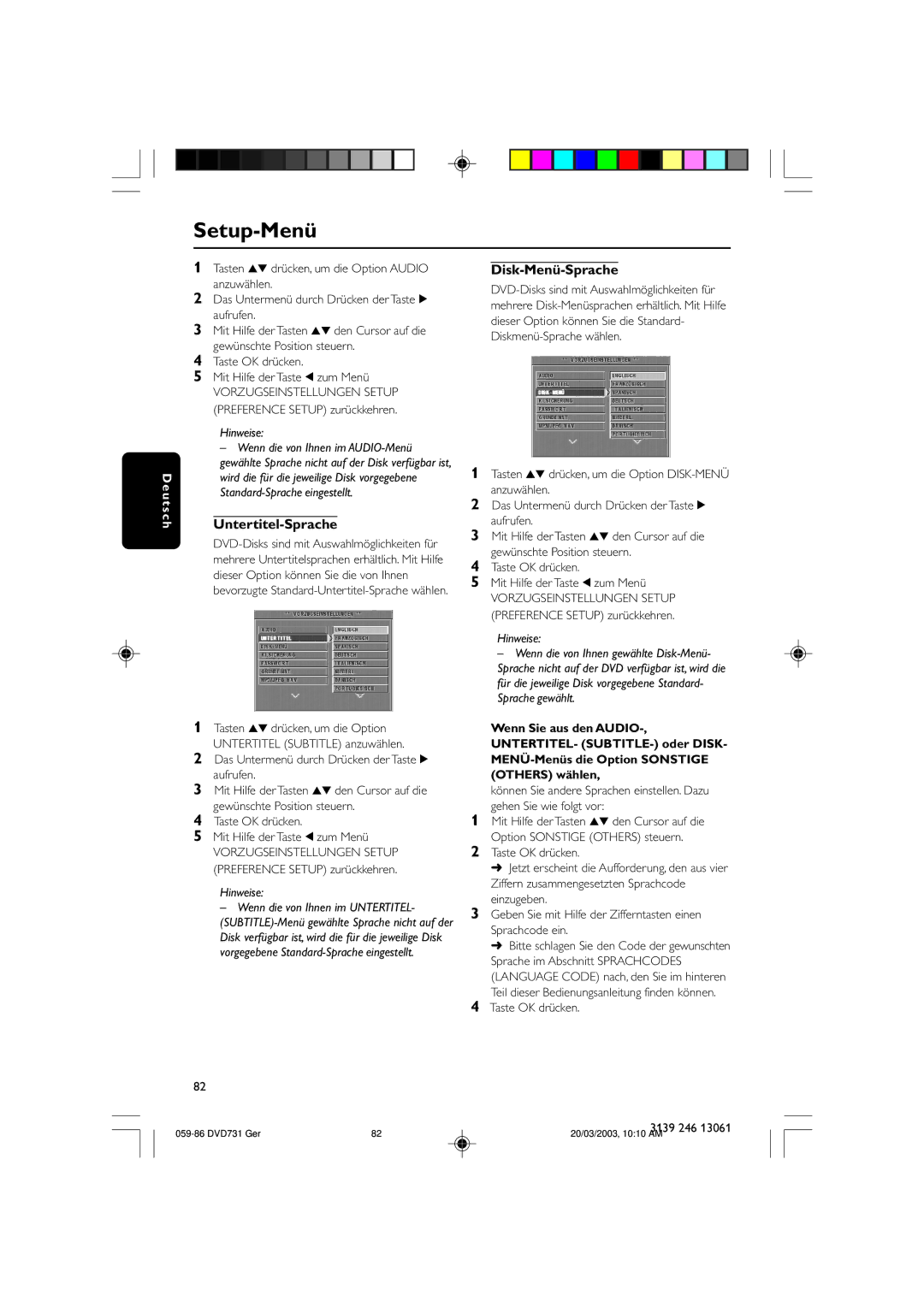 Philips DVD731/001 owner manual Untertitel-Sprache, Disk-Menü-Sprache 