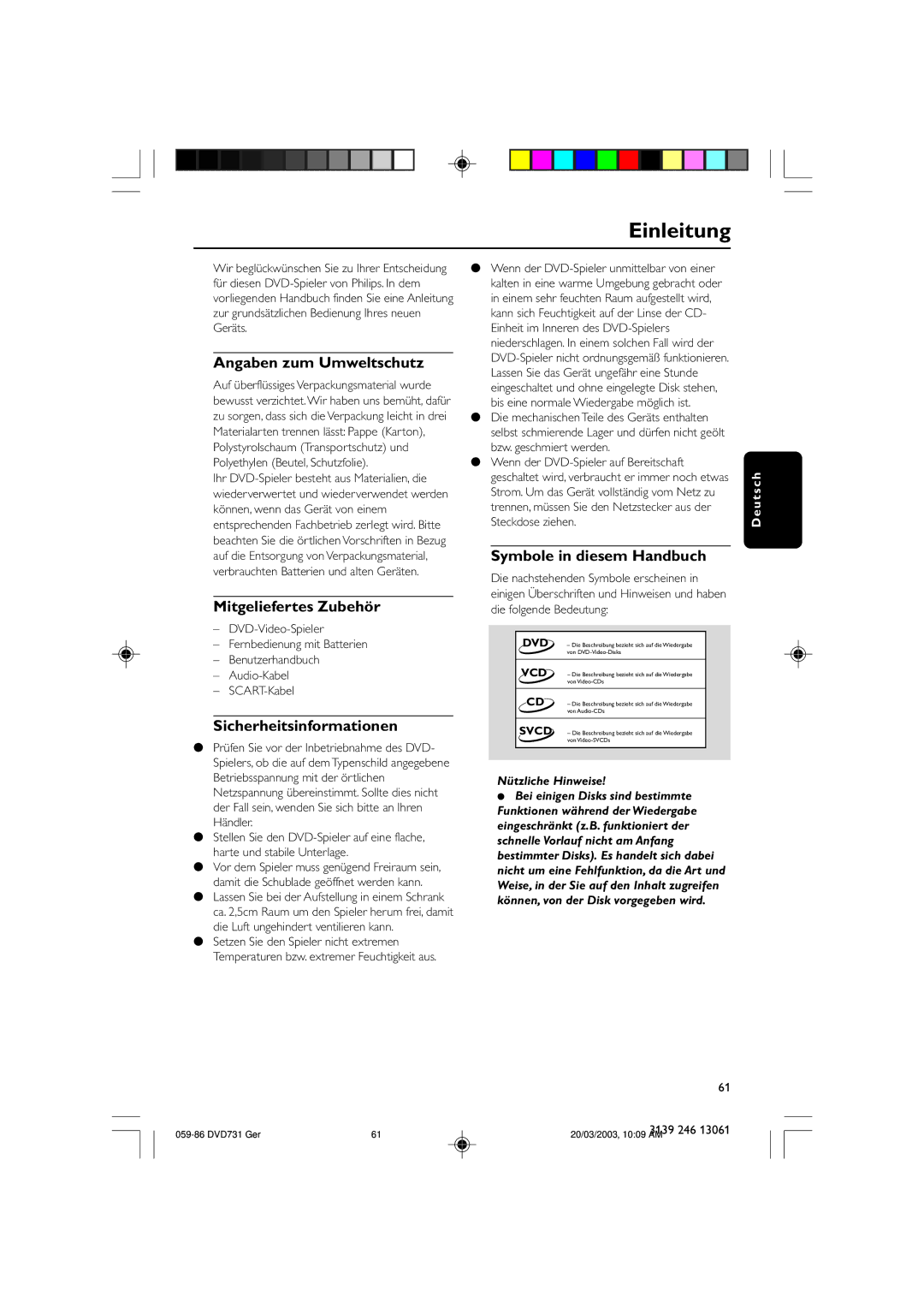 Philips DVD731/001 owner manual Einleitung, Angaben zum Umweltschutz, Mitgeliefertes Zubehör, Sicherheitsinformationen 