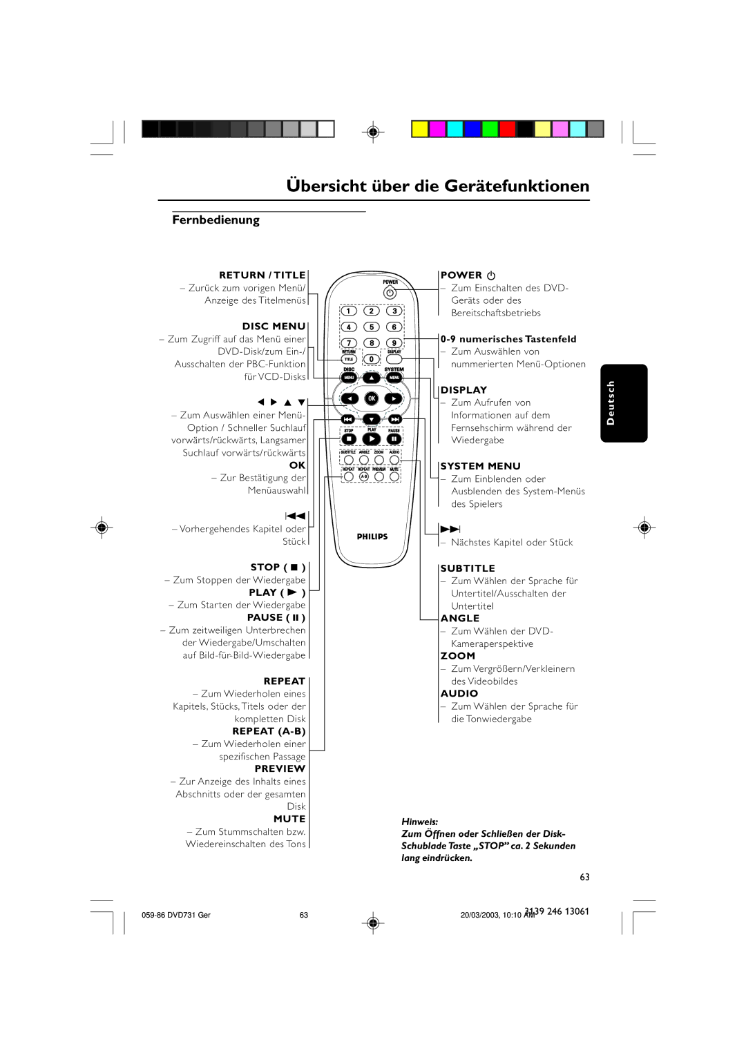 Philips DVD731/001 owner manual Fernbedienung 