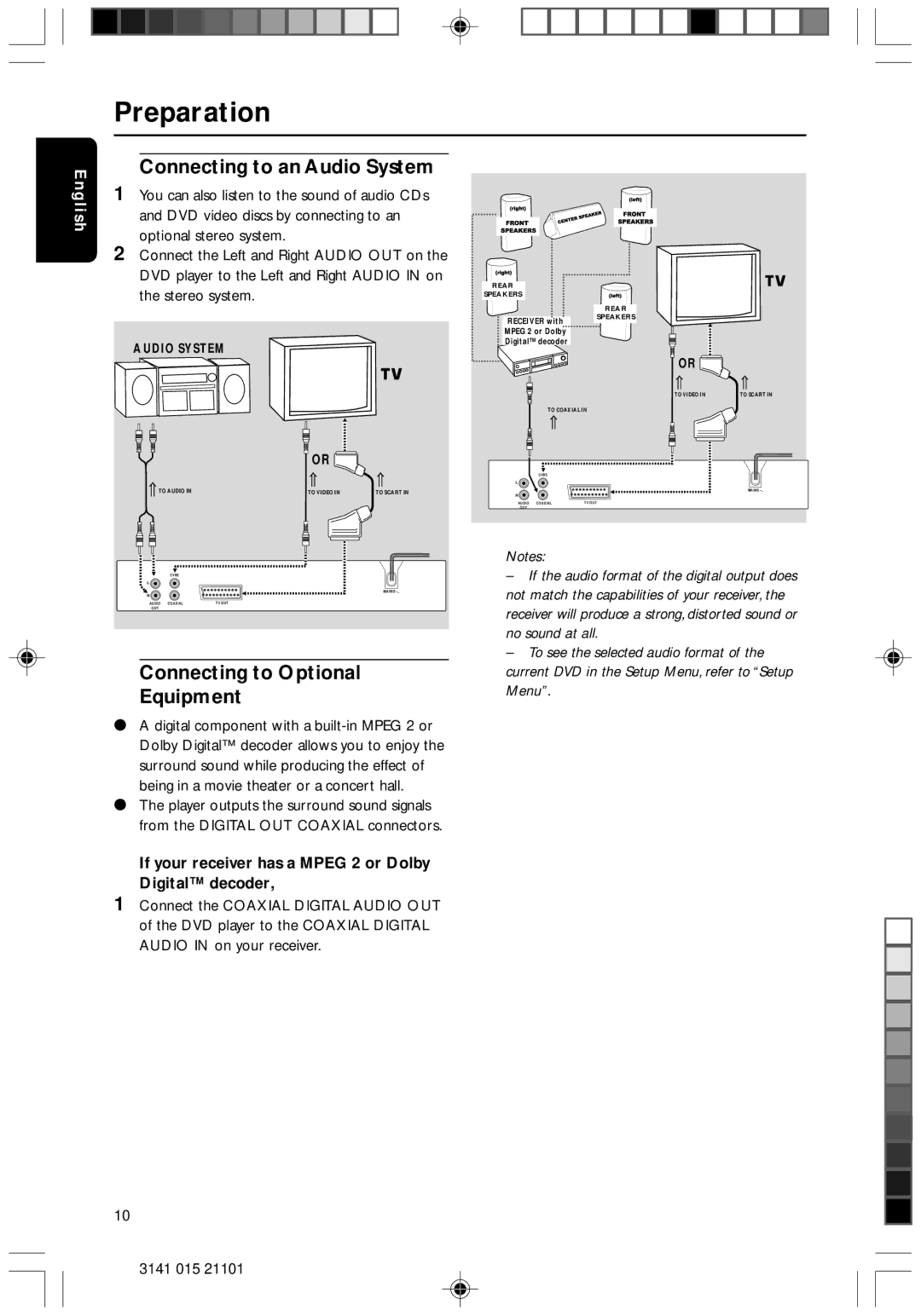 Philips DVD733/051 manual Connecting to an Audio System, Connecting to Optional Equipment 