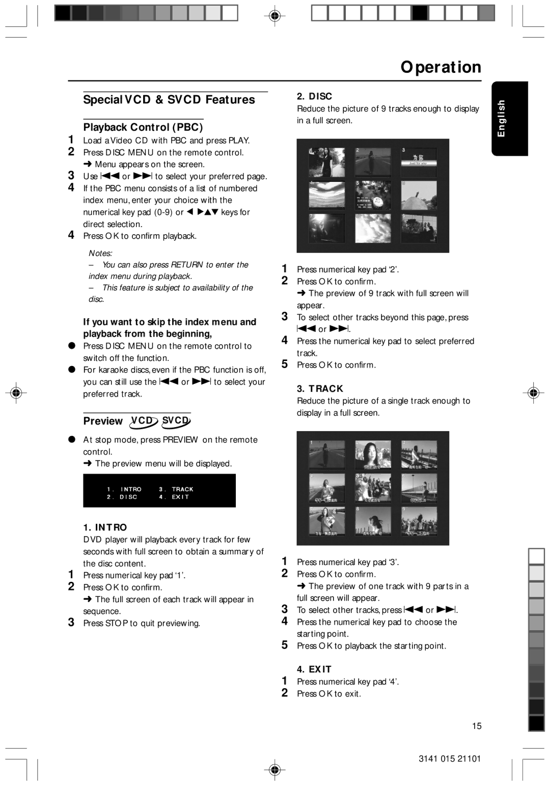 Philips DVD733/051 manual Special VCD & Svcd Features, Playback Control PBC, Preview VCD Svcd 