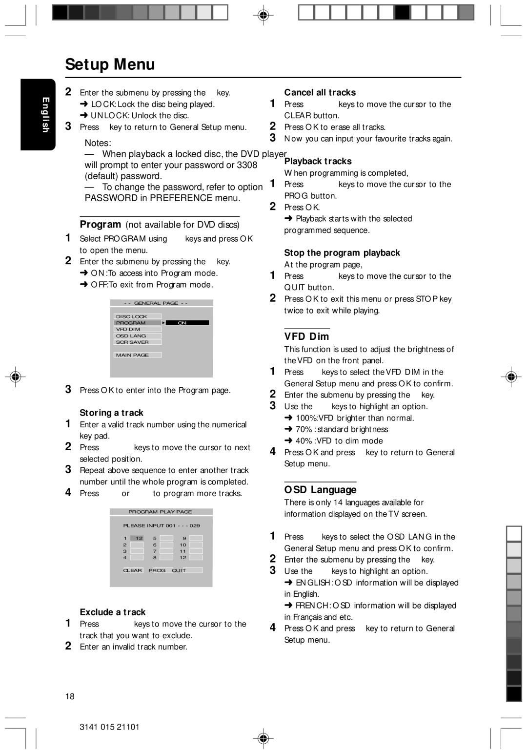 Philips DVD733/051 manual Setup Menu, VFD Dim, OSD Language 