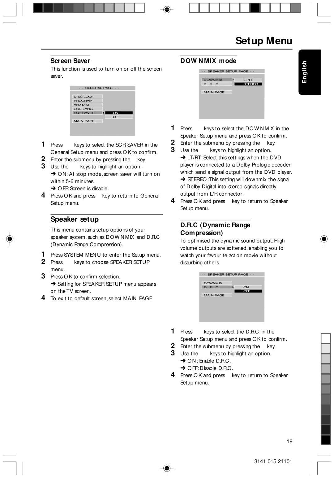 Philips DVD733/051 manual Speaker setup, Screen Saver, Downmix mode, C Dynamic Range Compression 