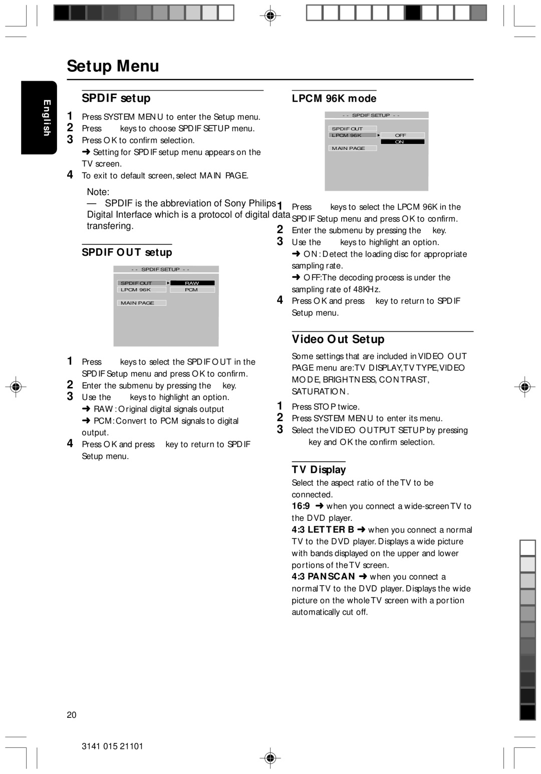 Philips DVD733/051 manual Spdif setup, Video Out Setup, Spdif OUT setup, Lpcm 96K mode, TV Display 