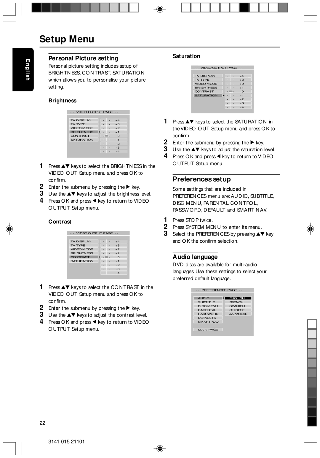 Philips DVD733/051 manual Preferences setup, Personal Picture setting, Audio language 