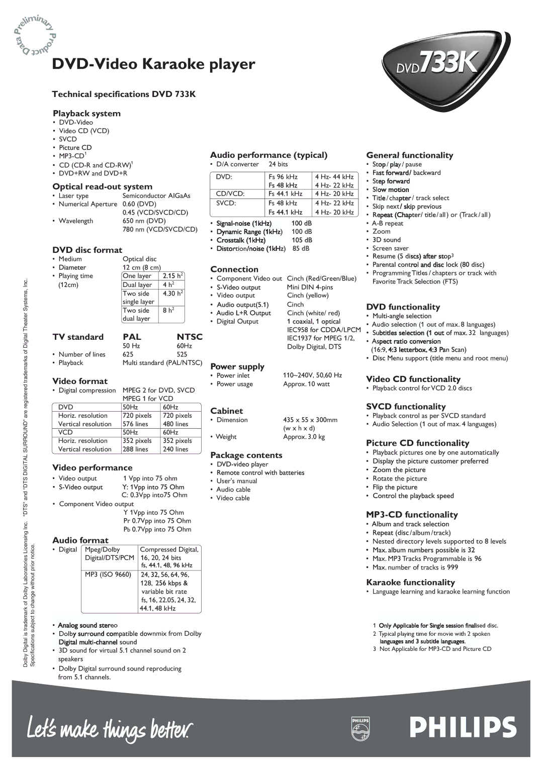 Philips DVD733K manual Technical specifications DVD 733K, Playback system, Audio performance typical General functionality 