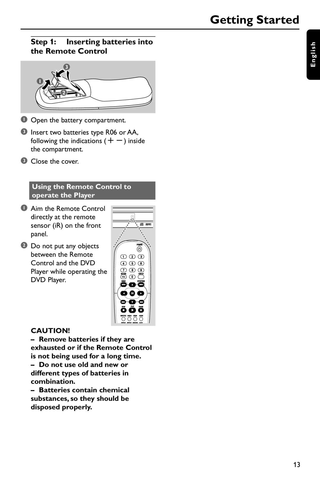 Philips DVD737 manual Getting Started, Inserting batteries into the Remote Control 