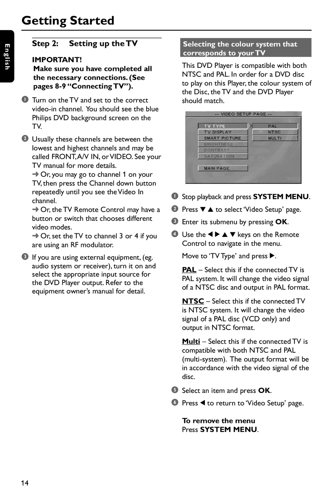 Philips DVD737 manual Setting up the TV, Selecting the colour system that corresponds to your TV 