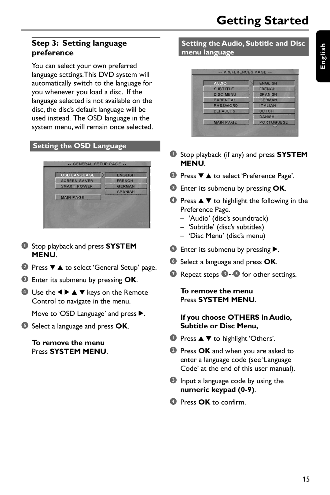 Philips DVD737 Setting language preference, Setting the Audio, Subtitle and Disc menu language, Setting the OSD Language 