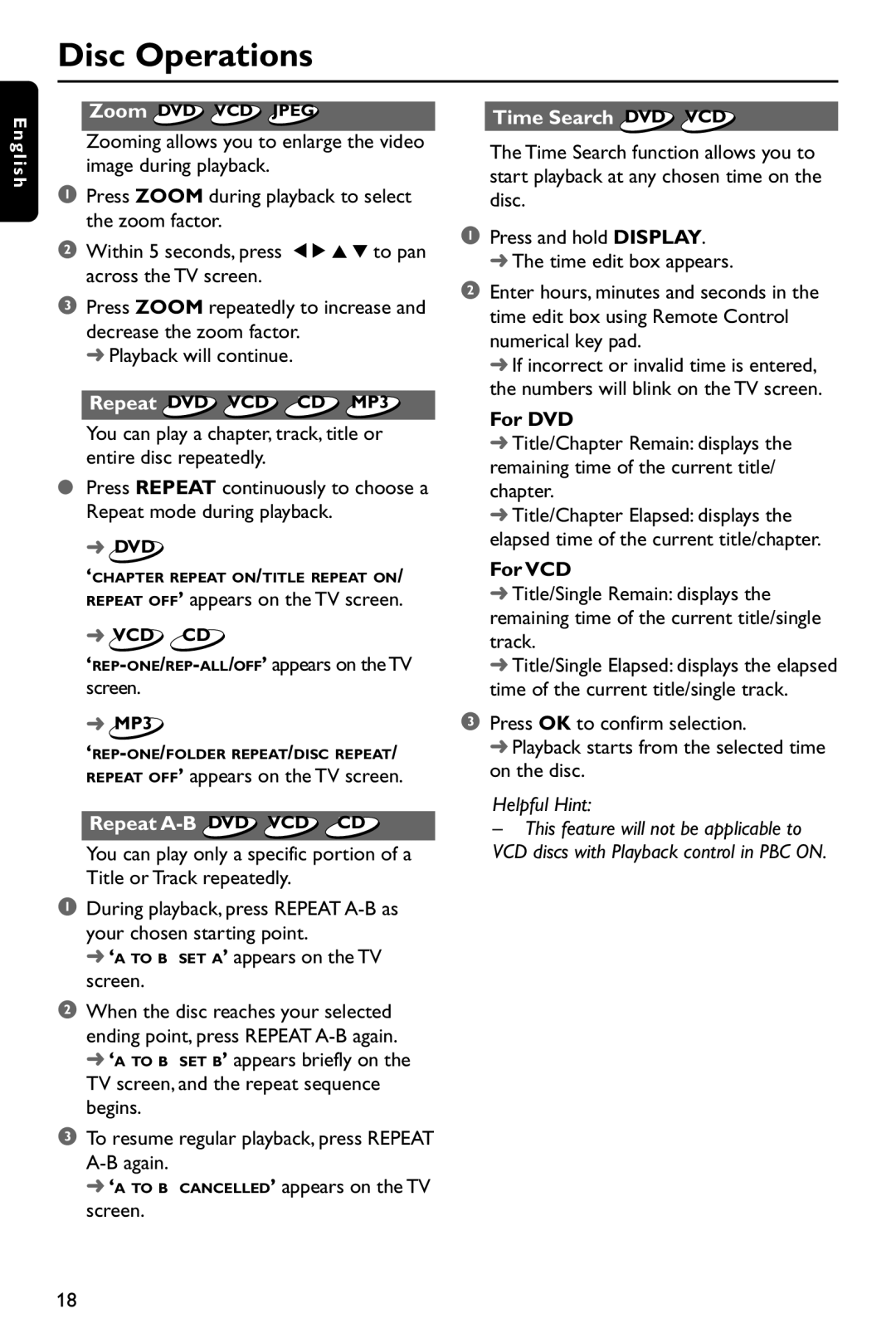 Philips DVD737 manual Time Search, Repeat A-B DVD VCD CD, For DVD, For VCD 