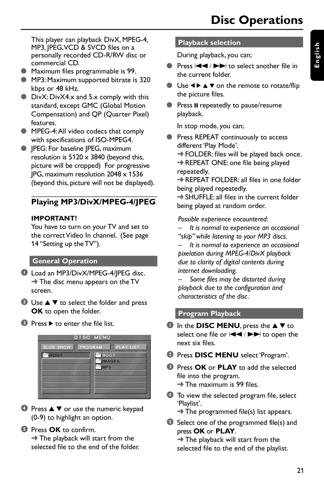 Philips DVD737 manual Playing MP3/DivX/MPEG-4/JPEG, General Operation, Playback selection, Program Playback 