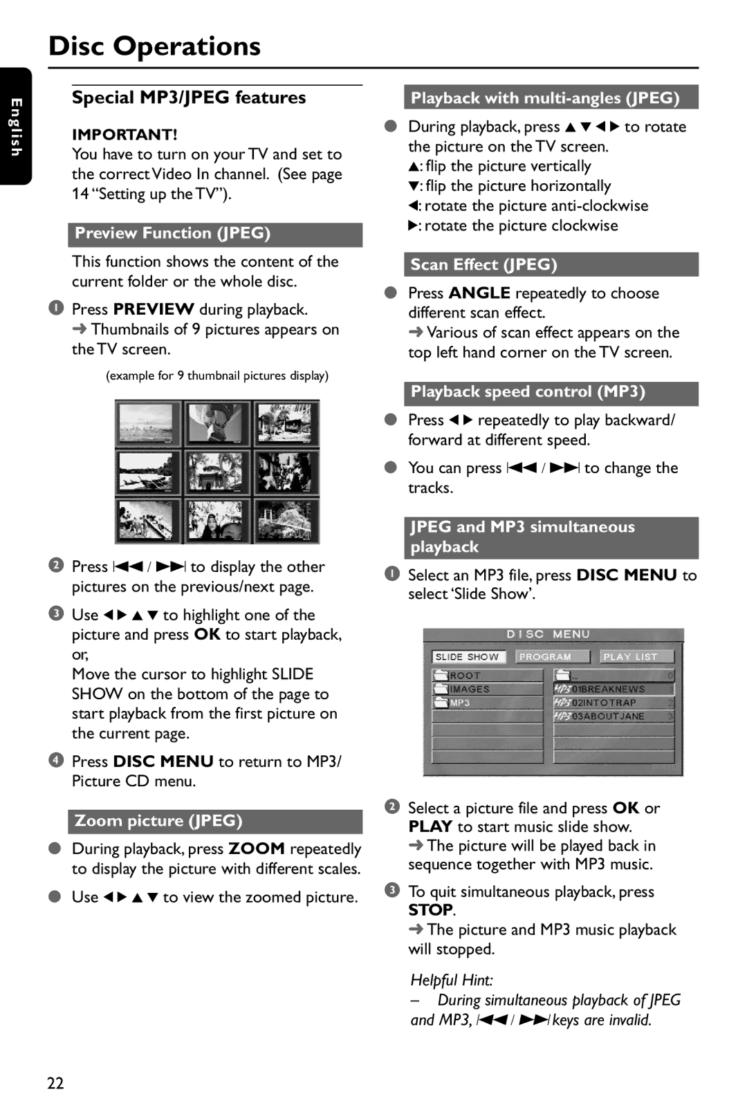 Philips DVD737 manual Special MP3/JPEG features 