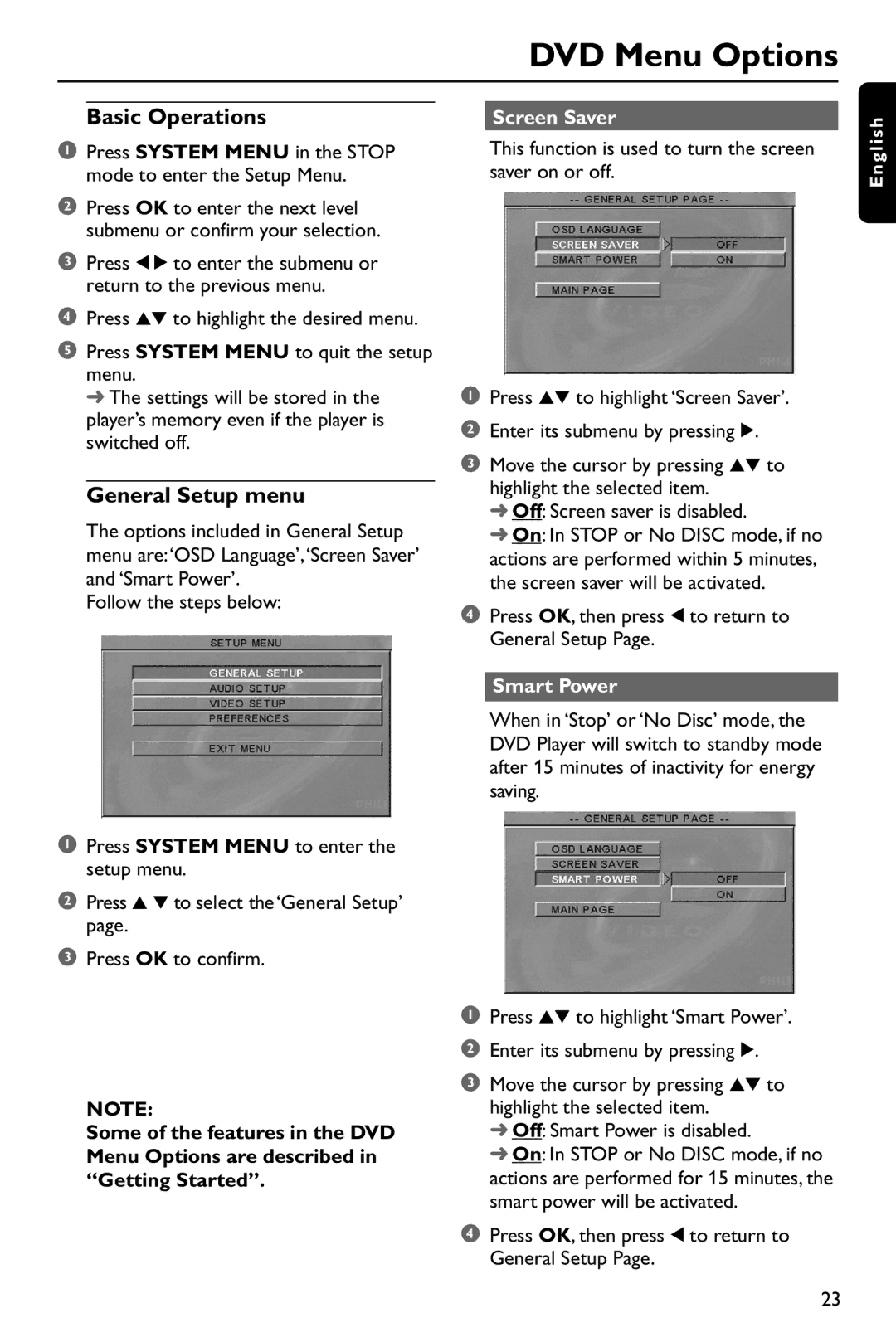 Philips DVD737 manual DVD Menu Options, General Setup menu, Screen Saver, Smart Power 