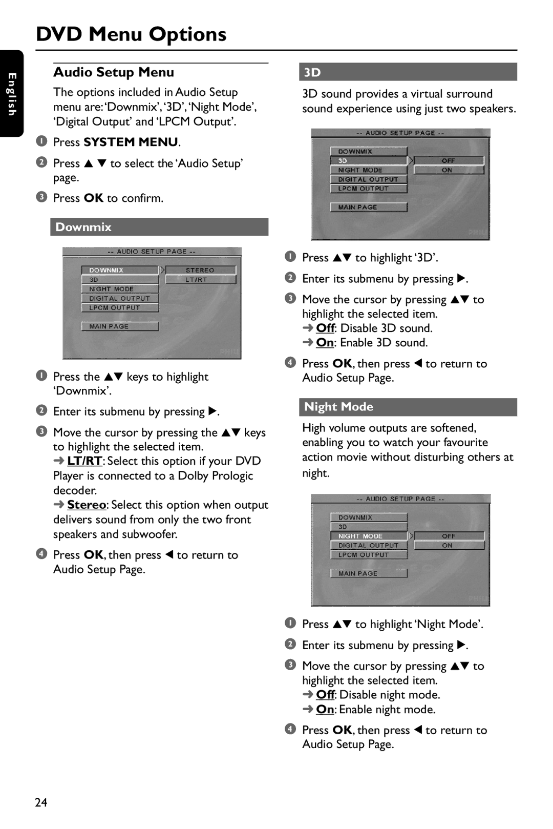 Philips DVD737 manual Press System Menu, Downmix, Night Mode 