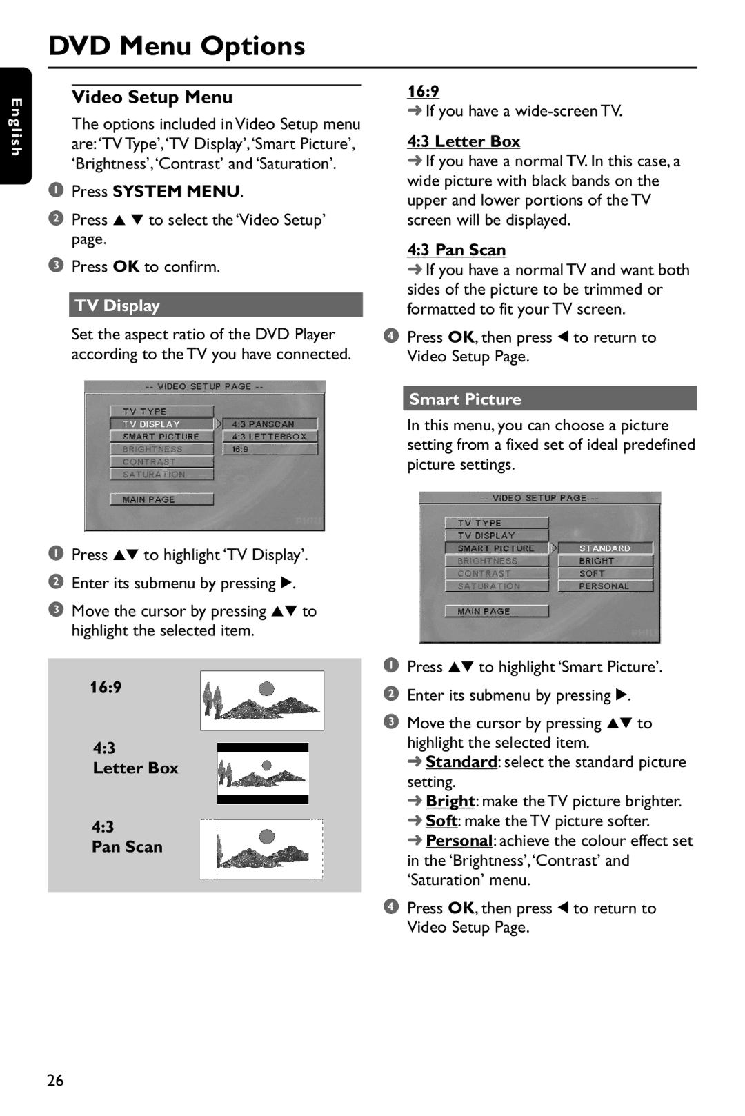 Philips DVD737 manual Video Setup Menu, TV Display, Letter Box Pan Scan, Smart Picture 