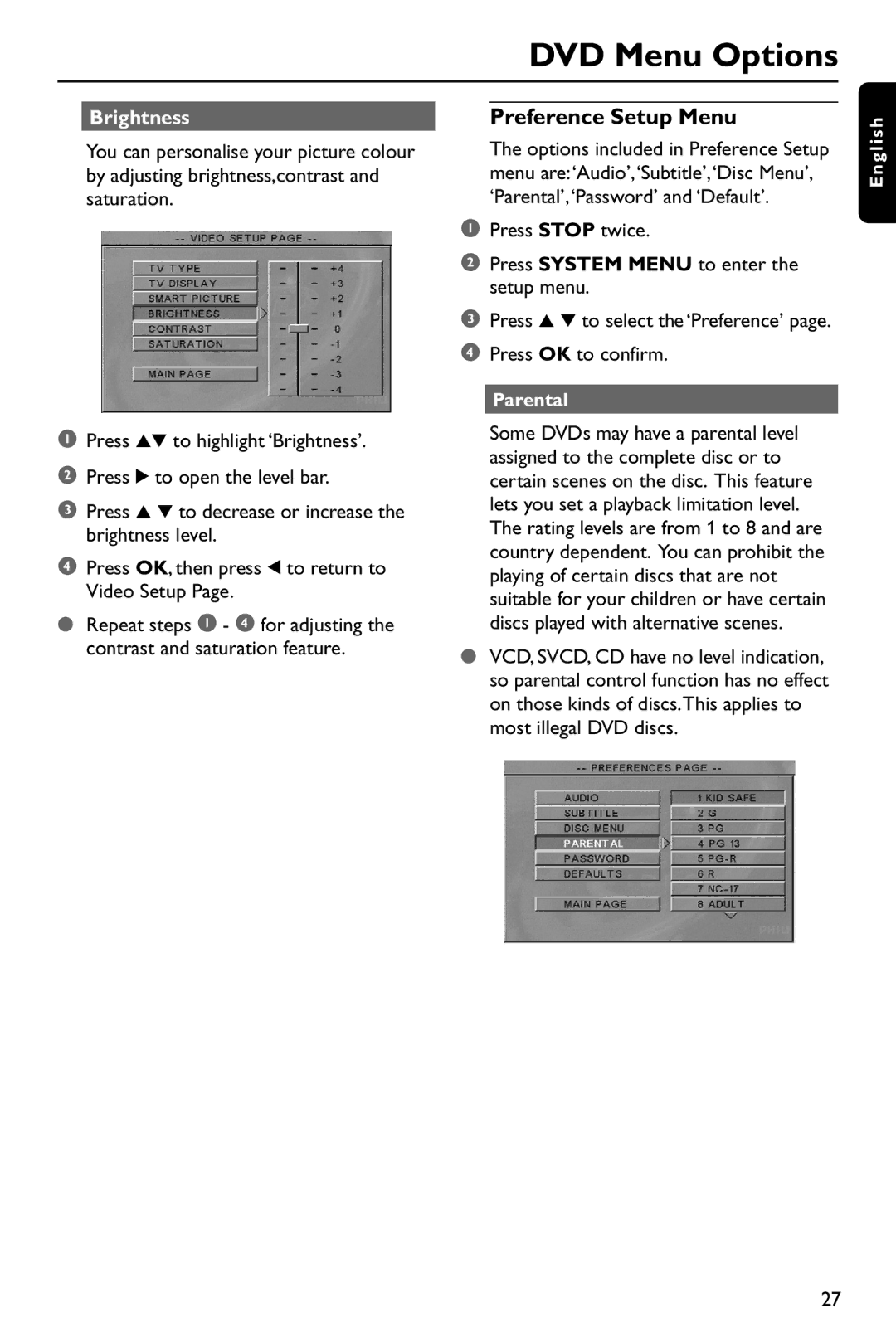 Philips DVD737 manual Preference Setup Menu, Brightness 