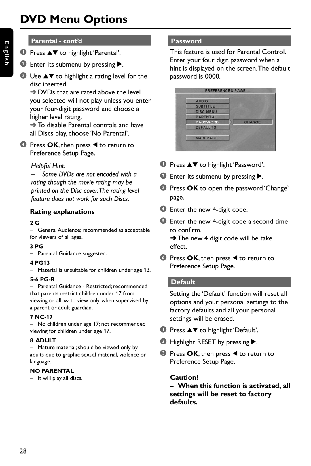 Philips DVD737 manual Password, Rating explanations, Default 