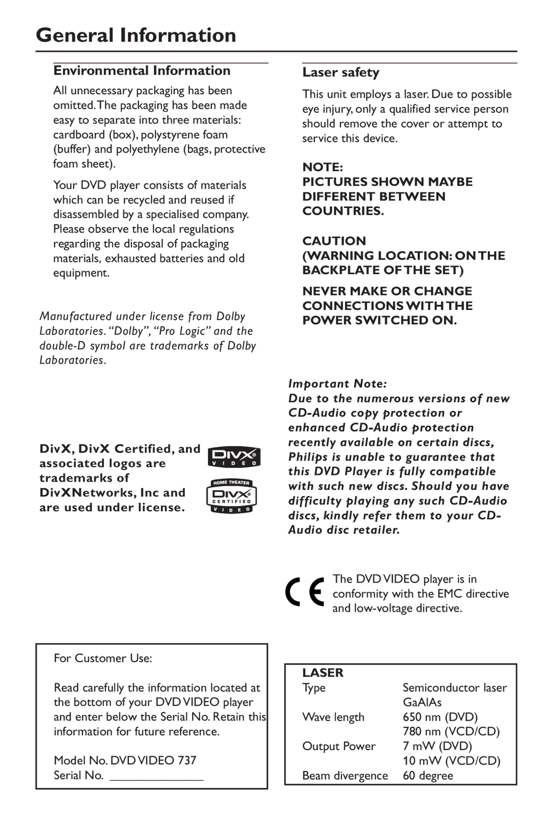 Philips DVD737 manual General Information, Environmental Information, Laser safety 