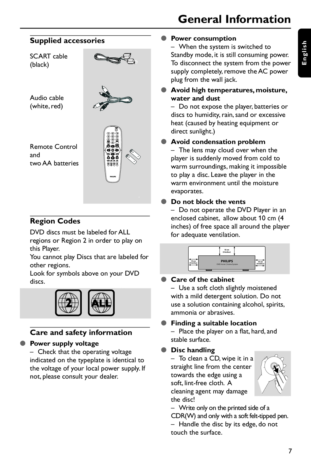 Philips DVD737 manual Supplied accessories, Region Codes, Care and safety information 